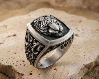 Tiger Ring 925 Sterling Silver, Fierce Tiger Head Cushion Signet Band, Gothic Baroque Carved Wildlife Jewelry, Wild Cat Gift for Men Him