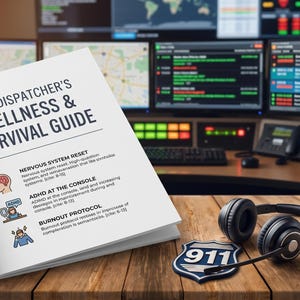 Puede incluir: Un libro abierto titulado "The Dispatcher's Wellness & Survival Guide" está sobre un escritorio de madera, junto a una taza de café, unos auriculares y una placa del 911. Las páginas del libro muestran texto sobre el restablecimiento del sistema nervioso, TDAH en la consola y protocolo de agotamiento.