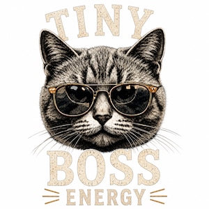 May include: A detailed illustration of a cat wearing sunglasses. The cat's fur is gray and black, and the sunglasses have gold frames. The words "TINY BOSS ENERGY" are above and below the cat's head in a textured font.