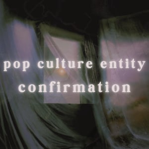 May include: A dimly lit image with the words "pop culture entity confirmation" in a white, stylized font. The background features blurred, draped fabric in shades of gray and green, with a soft, glowing light source.