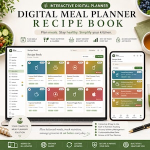 May include: An interactive digital meal planner and recipe book displayed on a laptop and smartphone screen. The interface features colorful recipe cards, nutrition tracking, grocery lists, and meal planning tools with text labels in English.