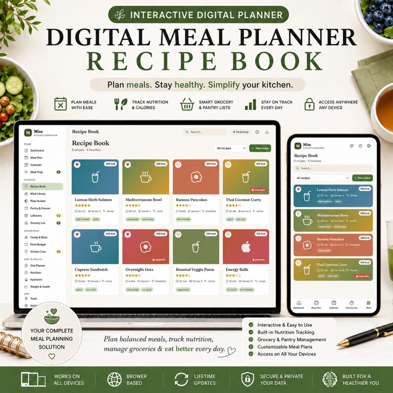 May include: An interactive digital meal planner and recipe book displayed on a laptop and smartphone screen. The interface features colorful recipe cards, nutrition tracking, grocery lists, and meal planning tools with text labels in English.