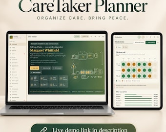 May include: A laptop and a tablet displaying the CareTaker Planner interface with the text "ORGANIZE CARE. BRING PEACE." and "Live demo link in description." The screens show medical tracking dashboards with green and gold color schemes.