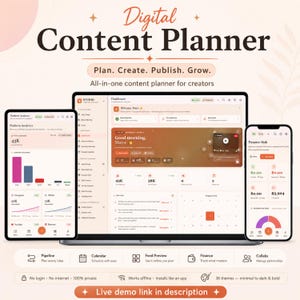 May include: A digital content planner displayed on a laptop, tablet, and smartphone. The screens show dashboards with analytics, finance hubs, and calendars. Text includes Digital Content Planner, Plan. Create. Publish. Grow., and Live demo link in description.