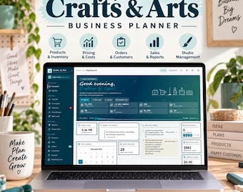 May include: A laptop displaying a Digital Crafts & Arts Business Planner dashboard with sections for products, pricing, orders, sales, and studio management. The screen shows a dark teal interface with text including Good evening, Ember & Oak.