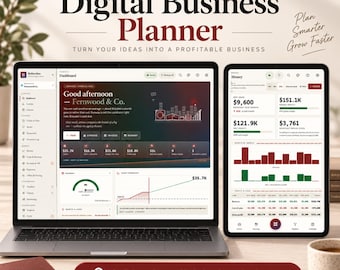 May include: A digital business planner displayed on a laptop and tablet screen. The screens show financial dashboards with charts, graphs, and text including 'Digital Business Planner', 'Plan Smarter Grow Faster', and 'Live demo link in description'.