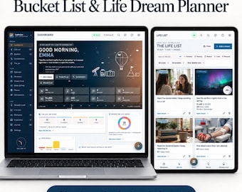 May include: A laptop and a tablet displaying the Bucket List & Life Dream Planner interface. The screens show a dashboard with a dark blue theme, navigation menus, progress charts, and a list of life goals with images and text. A button below reads Live demo link in description.