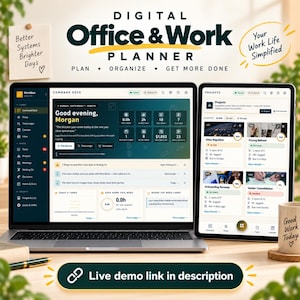 May include: A digital office and work planner displayed on a laptop and tablet screen. The interface shows a command deck with project tracking, task lists, and scheduling tools. Text includes Digital Office & Work Planner, Plan, Organize, Get More Done, and Good Work Today. A pen and a mug are visible on the desk.