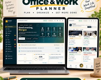 May include: A digital office and work planner displayed on a laptop and tablet screen. The interface shows a command deck with project tracking, task lists, and scheduling tools. Text includes Digital Office & Work Planner, Plan, Organize, Get More Done, and Good Work Today. A pen and a mug are visible on the desk.