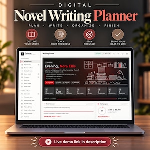 Puede incluir: Una pantalla de portátil que muestra la interfaz de un planificador de novelas digital con un tema oscuro. El software incluye una barra lateral para la organización del manuscrito, un panel de control de escritura con seguimiento de progreso.