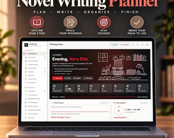 May include: A laptop screen displaying a digital novel writing planner interface with a dark theme. The software features a sidebar for manuscript organization, a writing room dashboard with progress tracking, word counts, and a draft progress chart.