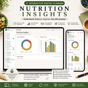 May include: An interactive digital planner titled Nutrition Insights displayed on a laptop and smartphone screen. The interface shows macro distribution charts, calorie goal graphs, and meal frequency data. Text includes Understand, Balance, Improve, Eat with purpose, and features icons for tracking progress, meal preferences, and health goals.