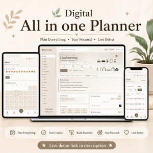 Digital allt-i-ett-livsplanerare i HTML | Daglig, veckovis, månadsplanerare, vanerapportering, budgetplanerare, välbefinnande- och målplanerare