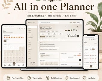 Digital All-in-One Life Planner HTML | Daily Weekly Monthly Planner, Habit Tracker, Budget Planner, Wellness & Goal Planner