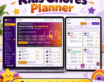 May include: A digital Kids Chores Planner displayed on a laptop and tablet screen. The interface features a dashboard with task lists for children named Sophie, Noah, Mia, and Jack, including icons for chores, rewards, and family settings in purple and orange.