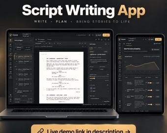 May include: A laptop and tablet displaying the Frame script writing app interface with dark mode, featuring text editors, scene navigators, and story analytics. The screen displays the text 'FRAME Script Writing App WRITE PLAN BRING STORIES TO LIFE' and 'Live demo link in description'.