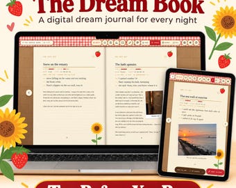 May include: A digital dream journal titled The Dream Book displayed on a laptop and tablet screen. The interface features a red gingham border, strawberry and sunflower illustrations, and text entries describing dreams with embedded photos.