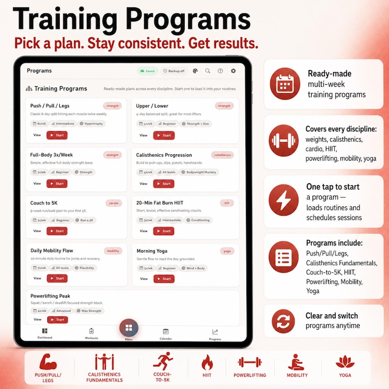 May include: A digital tablet screen displaying a training program application interface with various workout plans like Push/Pull/Legs, Calisthenics, and HIIT. The screen features a menu with icons for dashboard, workouts, calendar, and progress tracking.