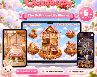May include: A digital product display for Cloudberry The Dollhouse Life Planner featuring a laptop, tablet, and smartphone showing a multi-level dollhouse interface, 6 worlds, 18 planners in one, and a Try Before You Buy button.