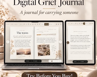 May include: A digital grief journal displayed on a laptop and tablet screen. The screens show pages with text titled The waves and Before anything else, featuring photos of a sunset and a coffee cup, with the text Try Before You Buy below.