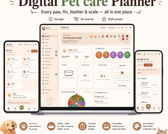 Digital Pet Care Planner | Dog Cat Pet Health Tracker | Pet Records Organizer | Vet Log | Feeding Schedule | Offline HTML Planner