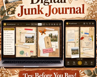 May include: A digital junk journal displayed on a laptop and tablet screen, featuring scrapbook-style pages with vintage paper textures, floral illustrations, butterfly stickers, envelopes, and text elements like Admit One, all set against a rustic background.