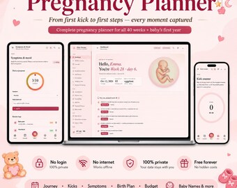 Digital Pregnancy Planner Template, Pregnancy Tracker Journal, Baby First Year Planner, Prenatal Organizer, Kick Counter