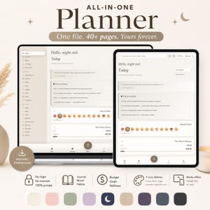 May include: An all-in-one digital planner displayed on a laptop and tablet screen. The interface features a daily dashboard with sections for mood checks, financial tracking, and journal entries. Includes icons for privacy, habit tracking, and nine color themes.