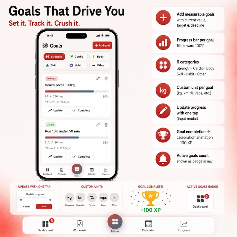 May include: A smartphone screen displaying a goal tracking application with a white interface, red accents, and text including Goals That Drive You, Set it. Track it. Crush it. The screen shows progress bars, category icons, and navigation menus.