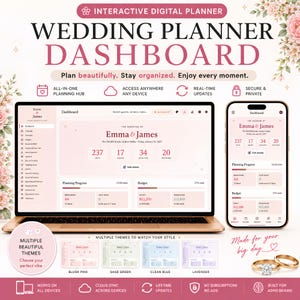 Op de afbeelding: Digitaal trouwplanner dashboard op een laptop en smartphone, met een blush roze thema. De interface toont huwelijksdetails, voortgang van de planning en budgetinformatie. Inclusief meerdere thema's, cloud synchronisatie en levenslange updates.