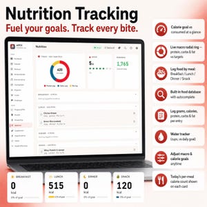 May include: A laptop screen displays the Apex Nutrition Tracking interface with a dashboard showing calorie intake, a macro radial ring, and meal logs. To the right, a list of features includes calorie goals, food logging, and water tracking.