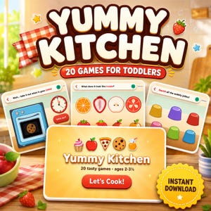 May include: A digital game interface titled Yummy Kitchen 20 Games for Toddlers featuring colorful illustrations of food items, a blue oven, and jelly shapes. The screen displays interactive prompts like Wait take it out when it goes DING.