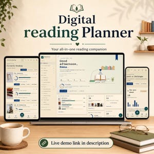 Może przedstawiać: Cyfrowy planer czytania wyświetlany na ekranie laptopa, tabletu i smartfona. Interfejs zawiera pulpit nawigacyjny z postępami w czytaniu, listami książek i celami. Tekst zawiera napisy Digital reading planner, Your all-in-one reading companion, Good afternoon, Emma, oraz Live demo link in description.