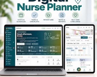 May include: A digital nurse planner displayed on a laptop and tablet screen. The interface features a dashboard with shift schedules, task lists, patient care tracking, notes, and wellness sections. Text includes Digital Nurse Planner and Live demo link.