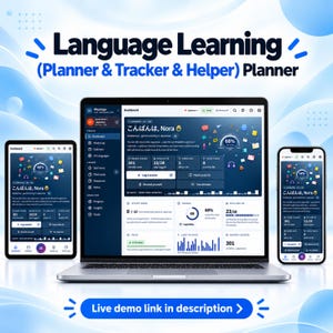 Webbapp för språkinlärningsplanerare och spårare, ordförrådskort, grammatiklogg, talövning, digital nedladdning av HTML
