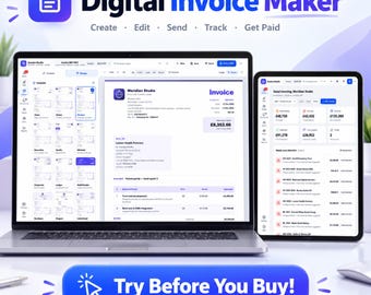May include: A laptop and tablet displaying the Digital Invoice Maker software interface. The screens show invoice templates, financial dashboards, and business data. A blue button at the bottom displays the text Try Before You Buy!