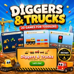 Peut inclure: Une interface de jeu numérique intitulée Diggers & Trucks 20 Games for Toddlers présentant des véhicules de chantier animés colorés, des écrans interactifs avec des tâches comme charger des briques et des feux de signalisation.