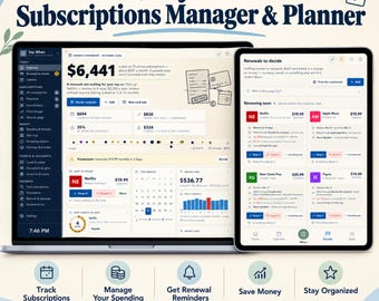 Subscription Tracker & Manager, Recurring Bills Planner, Cancel Subscriptions Tracker, Renewal Reminders, Budget Dashboard, Instant Download