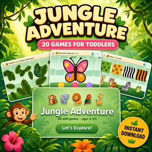 May include: A digital game interface titled Jungle Adventure 20 Games for Toddlers featuring a monkey, a butterfly matching activity, animal skin patterns, and a Let's Explore button. The background is a vibrant green jungle with tropical flowers.