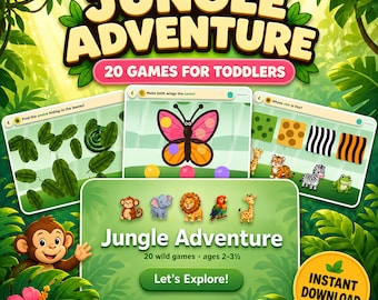 Digital Toddler Jungle Adventure Game, Interactive HTML Preschool Learning Activities, 20 Animal Games for Kids Ages 2-3, Instant Download
