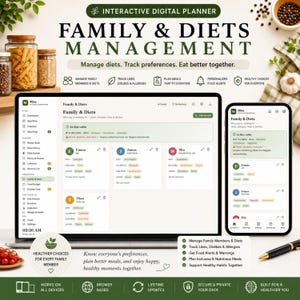 May include: An interactive digital planner for family and diet management displayed on a laptop and smartphone screen. The interface shows profiles for family members with dietary preferences, allergies, and likes, alongside text headers and icons.