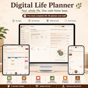 May include: A digital life planner displayed on a computer monitor, tablet, and smartphone. The interface features a dashboard with calendar, wellness, and financial tracking sections. Text includes Digital Life Planner, No login, No internet, 100% private, and Free forever.