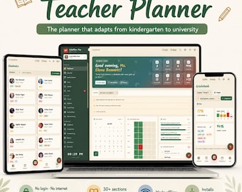Digital Teacher Planner Editable HTML | Offline Lesson Planner, Gradebook, Attendance Tracker, Homeschool & Classroom Planner