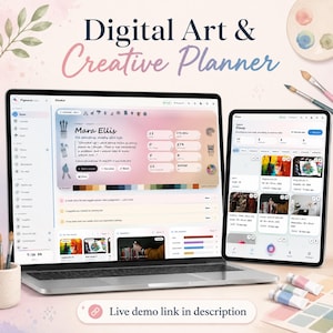 Könnte beinhalten: Ein Laptop und ein Tablet mit einer digitalen Kunst- und Kreativplaner-Oberfläche, inklusive des Textes Digital Art & Creative Planner und Live demo link in description. Der Bildschirm zeigt Projektverfolgung und Verwaltungstools.