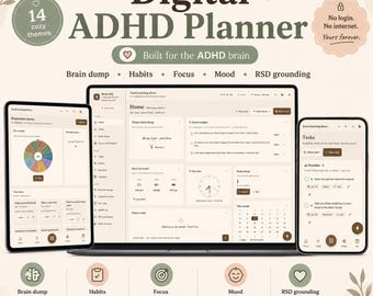 ADHD Digital Planner | Neurodivergent Web Planner | Brain Dump Habit Tracker Mood Log Pomodoro | No Login Offline Instant Download