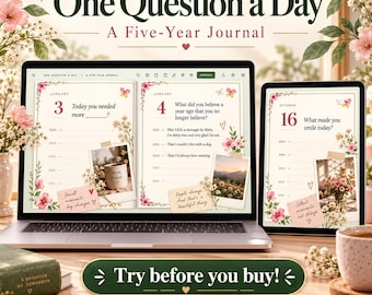 May include: A digital five-year journal titled One Question a Day displayed on a laptop and tablet screen. The pages feature floral illustrations, daily prompts, and space for five years of entries, alongside a button labeled Try before you buy.