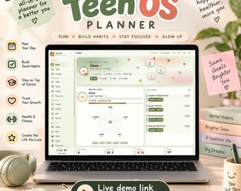 May include: A laptop displaying the Digital Teen OS Planner interface with a dashboard featuring a radar chart, daily quests, and navigation sidebar. The screen shows text including Nova, Plan Your Day, and Build Good Habits, surrounded by notes.
