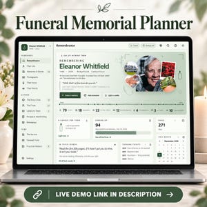 Könnte beinhalten: Ein Laptop-Bildschirm zeigt einen digitalen Bestattungsplaner für Eleanor Whitfield. Die Benutzeroberfläche enthält Bereiche für Erinnerungen, Fotos und Lebensmeilensteine in einer sanften grünen Farbpalette mit einem Link-Button für eine Demo.