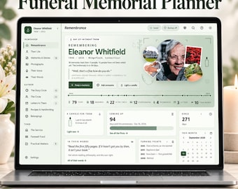 May include: A laptop screen displaying a digital funeral memorial planner for Eleanor Whitfield. The interface features sections for memories, photographs, and life milestones, with a soft green color palette and a live demo link button below.