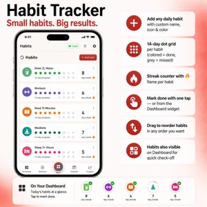 May include: A smartphone screen displaying a habit tracker app with a list of daily tasks including water intake, workouts, reading, meditation, and sleep. The interface features colorful icons, 14-day progress dot grids, and streak counters with flame icons.
